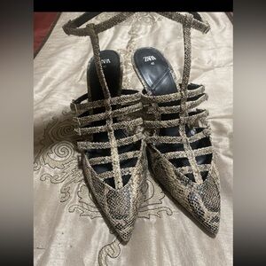 Zara Snake-Print Strappy Pointed-Toe Heels in Beige